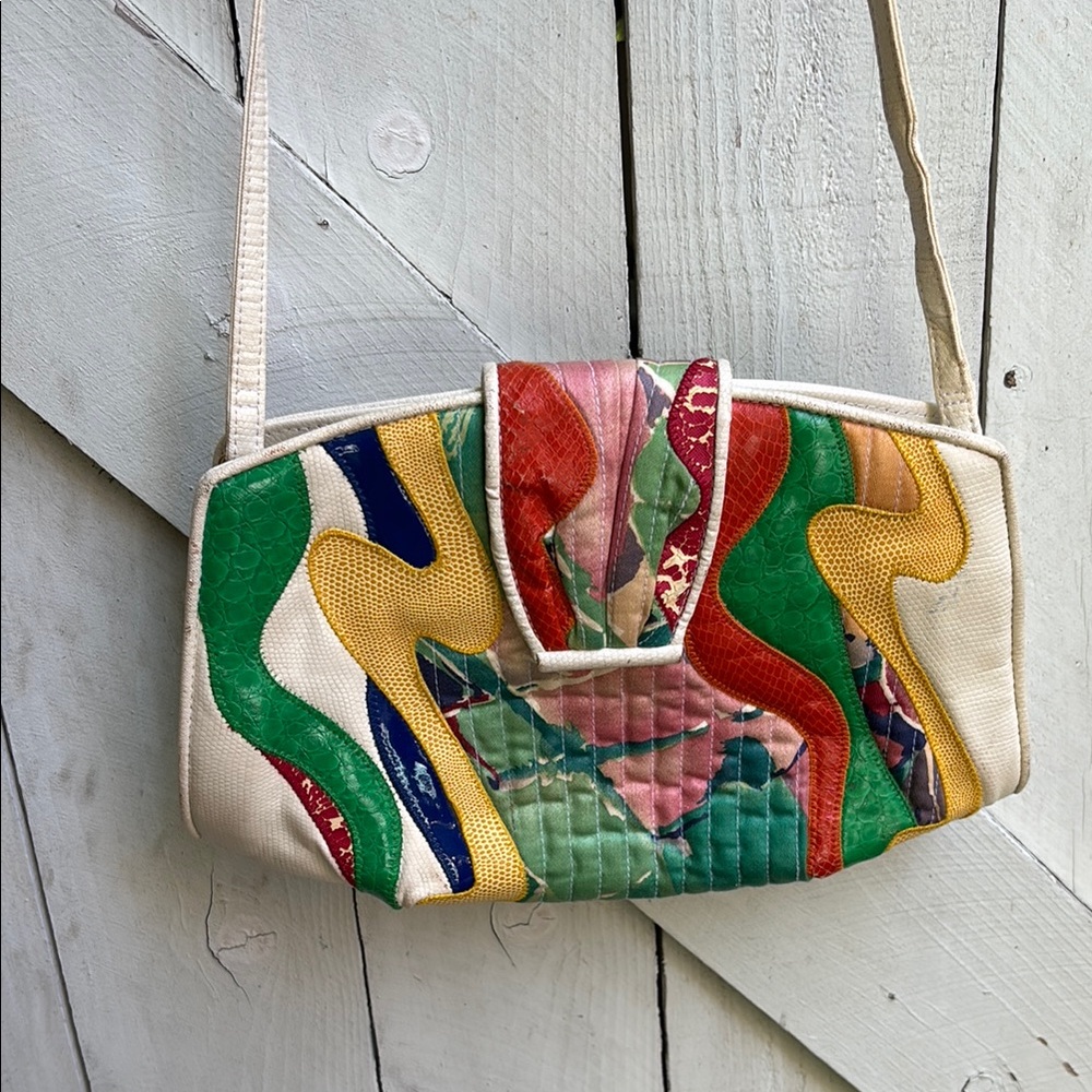 Red and Green Crossbody Bag with Abstract Design
